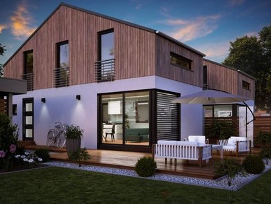 Modulhaus, Moduldoppelhaus bei Abendlicht fotografiert, Foto: Onoxo Home