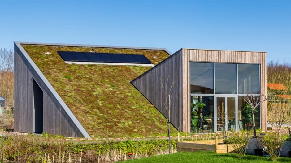 nachhaltig Bauen, Haus mit zwei verschachtelten Pultdächern, Foto: iStock.com / HildaWeges