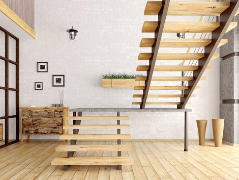 Treppenbau, DIN 18065, Holztreppe steht frei im Raum, Foto: stock.adobe.com / Vadim Andrushchenko