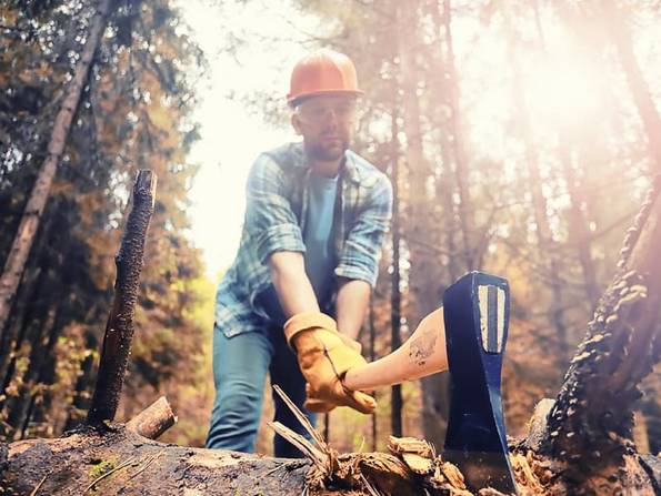 Alt: Ökohaus, ein Waldarbeiter mit einer Axt. Foto: lexkich/ adobe stock