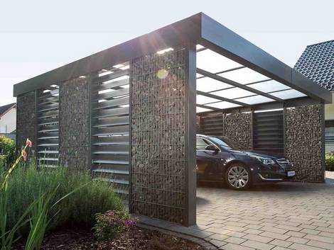 Doppelcarport, Gabionen, Foto: steelmanufaktur.de